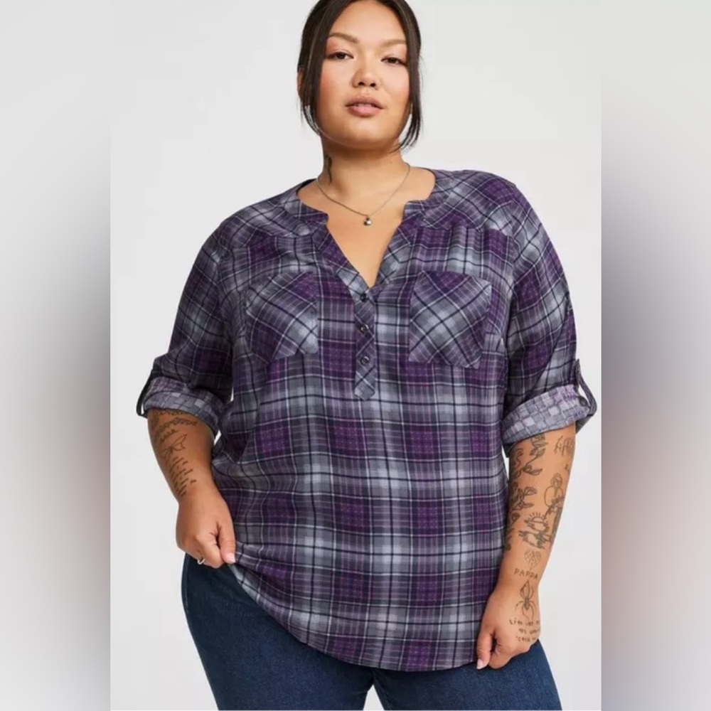 Torrid 00 Harper Challis Pullover 3/4 Sleeve Blouse - Purple Plaid